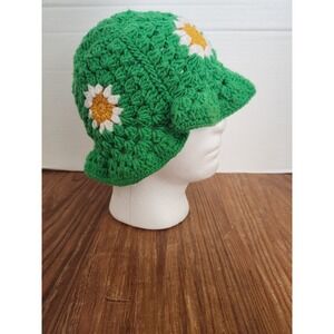 Handmade Knit Green‎ White Yellow Crochet Sunflower Hippie Bucket Hat Bohemian